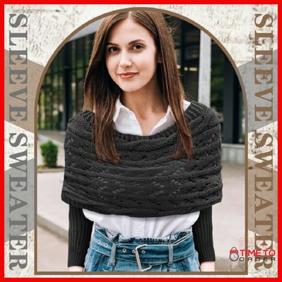 Knitted Wrap Sweater Scarf with Sleeves Shrug Shawl for Women - Picture 5 of 8